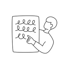 Student points to something written in a notebook. Editable stroke