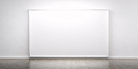 A large, pristine white canvas leans against a neutral-toned wall in a minimalist interior setting. The empty canvas contrasts with the subtle textures of the wall and floor.