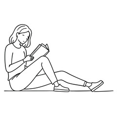 Fototapeta premium woman sitting on the floor, deeply engrossed in reading a book. line art vector illustration