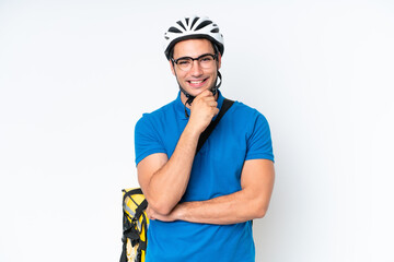 Young caucasian man with thermal backpack isolated on white background with glasses and smiling