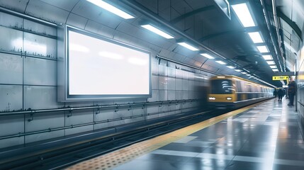 Obraz premium Blank Advertising Billboard in Subway Station: Urban Advertising Concept with Passing Trains and Commuters