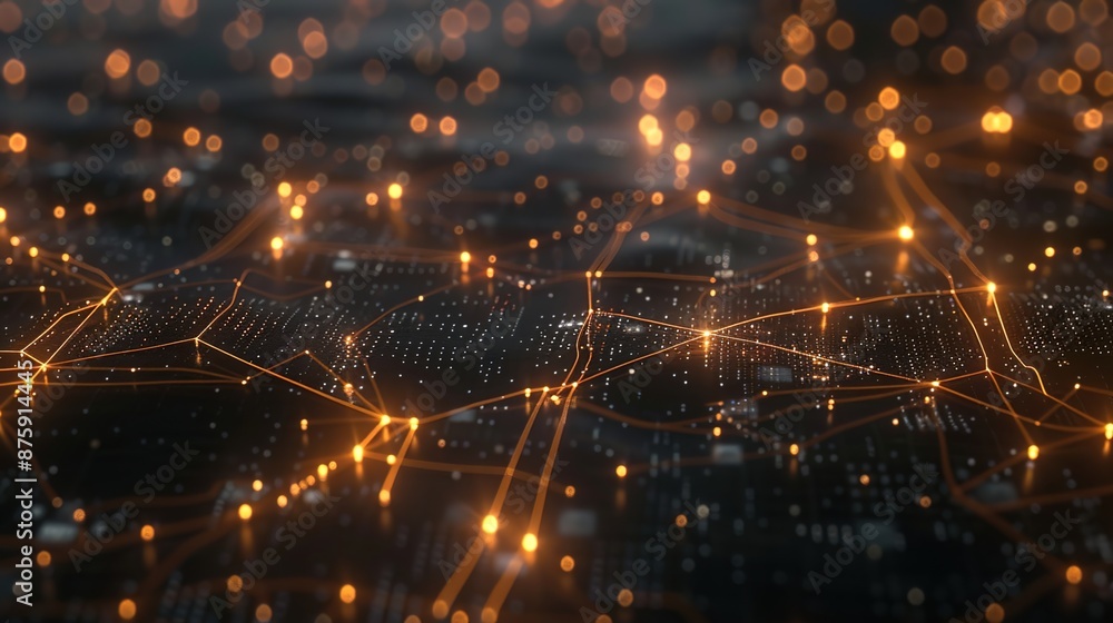 Poster glowing electric network in the dark: illuminated nodes and connections abstract background