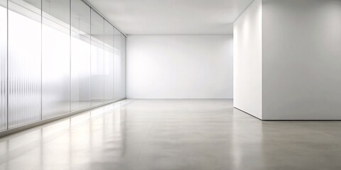 A sleek and spacious corridor featuring a minimalist design with bright natural lighting through a large window, ideal for modern architecture themes.