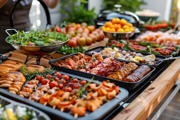 Obraz premium Outdoor buffet with a variety of grilled meat and vegetable skewers