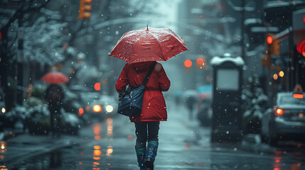 Postman Delivering Package in Rainy City Street