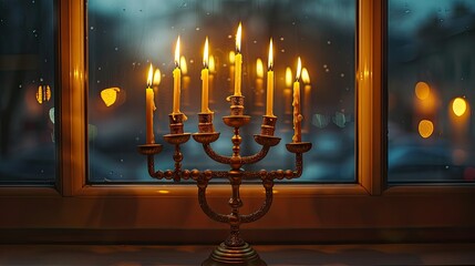 Fototapeta premium Traditional Hanukkah menorah with flickering candles