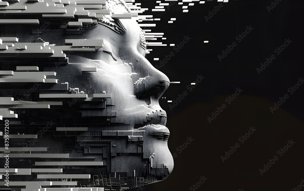 Poster a face made of digital pixels, with the head facing right and eyes closed. the background is black. 
