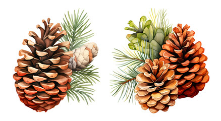 Pine cone, watercolor clipart illustration with isolated background.