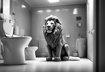 mammal king safari predator black fur leo adorable felino drawing bathroom potty quirky bigcat cute interior illustration animal surrealism cat wildlife carnivore sitting big zoo privies portrait