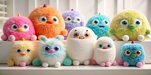 Obraz premium Plush Pals: A Gathering of Furry Friends. A charming collection of colorful, plush toys with expressive eyes and soft fur, each with a unique personality, gathered together for a playful photo shoot.