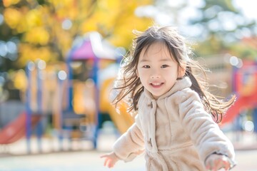 Fototapeta premium happy japanese young girl kid running in a playground
