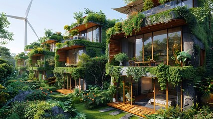 Obraz premium Modern, eco-friendly homes sit in a lush green landscape with a wind turbine in the background. Sunlight showcases their natural beauty and sustainable design