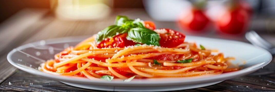Classical italian spaghetti with tomatoes, tomato sauce, basil, milk mozzarella and parmesan cheese