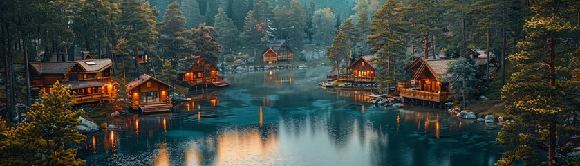 Fototapeta premium Several wooden cabins are lit up on the edge of a lake surrounded by a dense forest