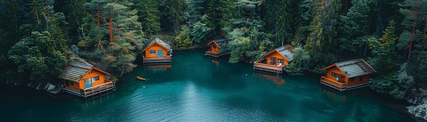 Obraz premium Five charming wooden cabins with orange siding stand on stilts over a calm, turquoise lake, nestled within a thick forest