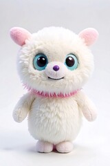 Colorful Plush Monster in Playroom. A vibrant, rainbow-colored plush toy monster sits on a white shelf in a bright playroom. The fuzzy creature has big blue eyes and a friendly smile.