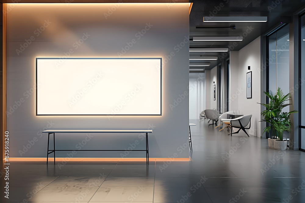 Poster corporate branding identity logo display white blank frame mockup with modern business offices reception background as banner with copy space area mock up