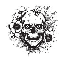 Obraz premium Funny Art Skull with Flowers Design dangerous skull Black on White Background best for Frame Painting Wallpaper t shirt and could be used any item