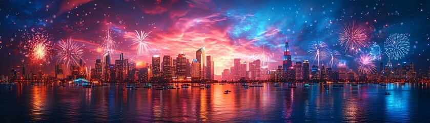 Fototapeta premium A cityscape is illuminated by multiple fireworks displays exploding in the night sky over a body of water