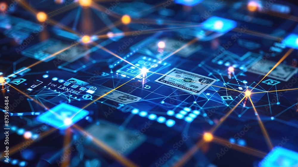 Poster secure online money transfer network - conceptual image of interconnected devices transmitting funds