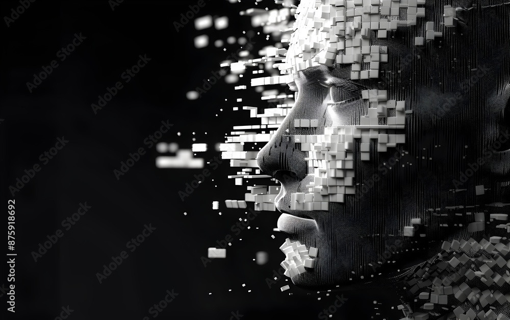Poster a face made of digital pixels, with the head facing right and eyes closed. the background is black. 