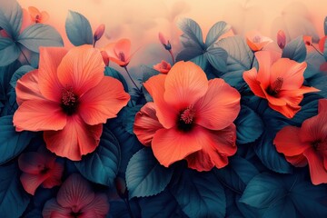 Obraz premium A stunning display of vibrant red hibiscus flowers set against a backdrop of lush green leaves, capturing the beauty and vivid colors of nature in full bloom.
