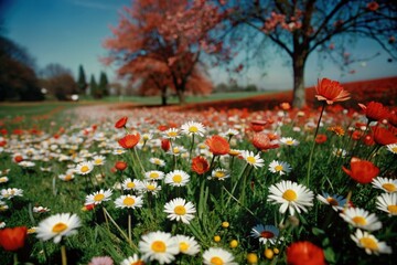 field of white and red flowers