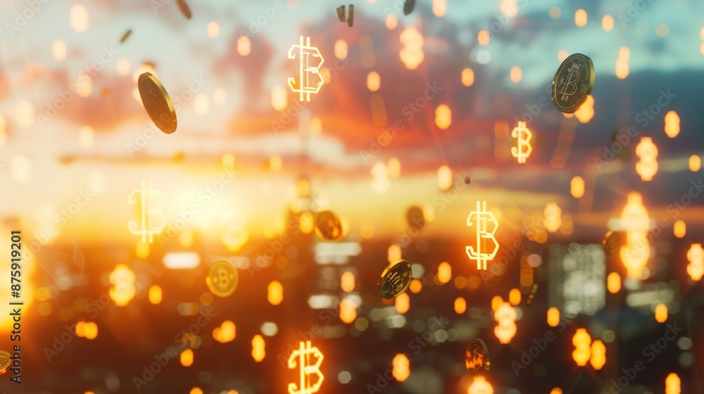 Poster digital currency transfer concepts in virtual landscape with soft focus