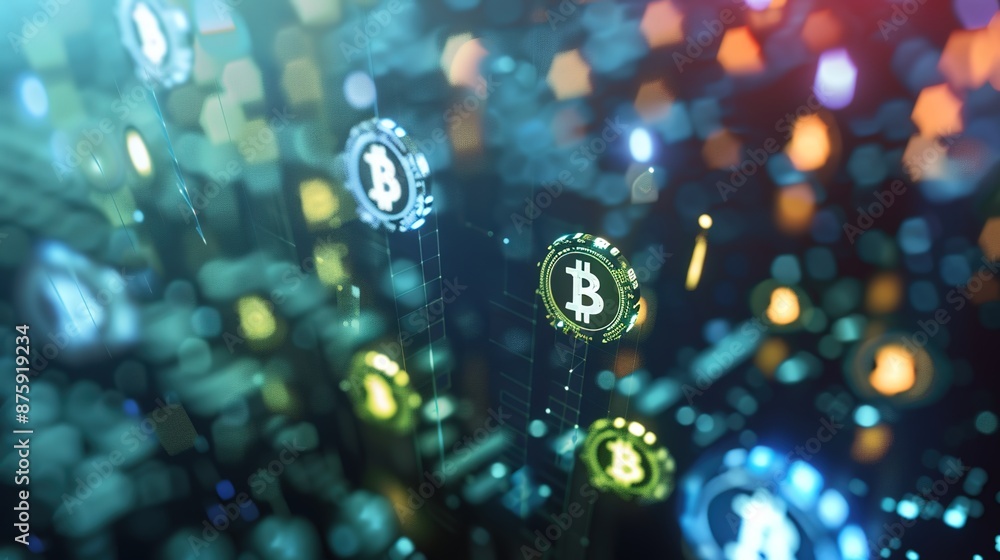 Poster digital currency transfer concept with floating symbols in soft focus digital landscape