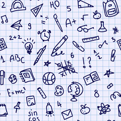 Seamless hand drawn back to school pattern, vector background. School supplies and creative elements isolated on checkered background, school notebook. Cute illustration sketches, line stickers.