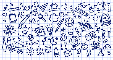 Back to school doodle hand drawn elements, vector set. School supplies and creative elements isolated on white checkered background, school notebook. Cute illustration sketches, line stickers.
