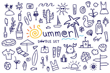 Summer doodle hand drawn set, set of elements, vector set. Beach party, sea, travel, vacation. Illustration of tropical leaves, fruits cocktails sketches, sand castles, swimsuits, ice creams etc. © v1ra