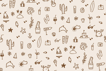 Seamless summer doodle icons, hand drawn vector pattern. Cute illustration of tropical leaves, cocktails sketches, fruits, beach etc. Summertime line stickers.Texture for wallpaper, background, fabric