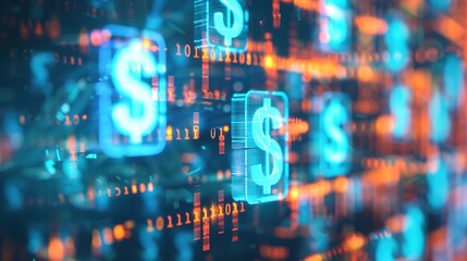 Obraz premium Financial Technology Concept - Digital Money Transfer Icons on Blurred Background