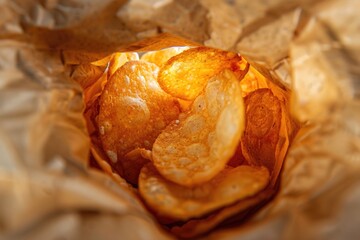 Fototapeta premium Inside Bag. View from Inside a Snacks Bag with Chips and Biscuits