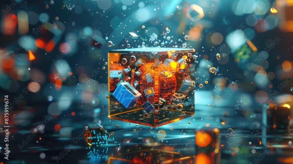 Poster abstract digital art image of a 3d transparent cube with floating technology icons. a box made from 