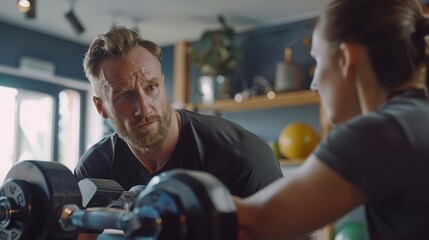 A personal trainer coaching a client with weights, Fitness session, showcasing strength training and motivation