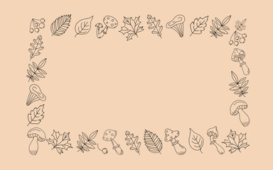 Autumn set, leaves, mushrooms, berries. Drawing, doodle. Border, frame. Place for text. Fly agaric, rowan branch, maple leaf, doodles, drawings, sketch. White background isolated.