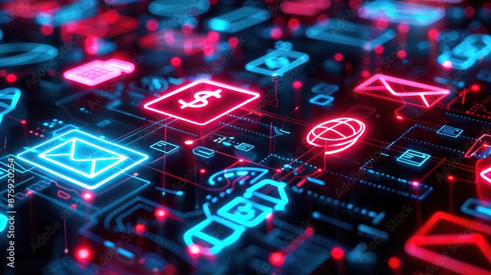 Poster glowing digital icons of secure financial transactions on a dark background