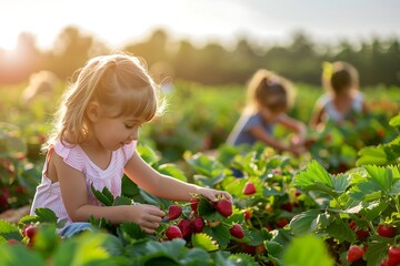 group of little children are happily picking strawberries in a vast field