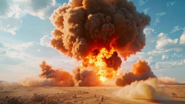 Nuclear bomb explosion in desert. Third world war concept. Arms race Epic big bang. Apocalyptic catastrophe. Doomsday hell. Global problem radioactive catastrophe. Armageddon.