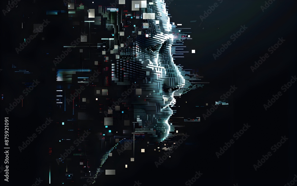 Poster a pixelated face made of digital blocks, symbolizing the artificial intelligence theme. the dark bac