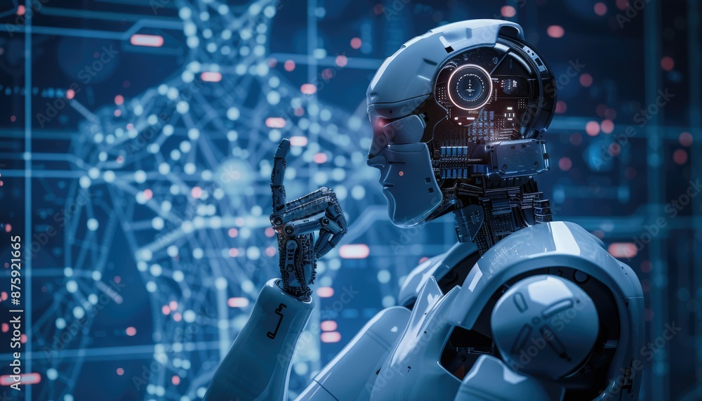 Poster an advanced robotic system interacts with a digital hologram, offering a glimpse into the future of 