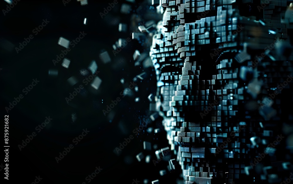 Poster a pixelated face made of digital blocks, symbolizing the artificial intelligence theme. the dark bac