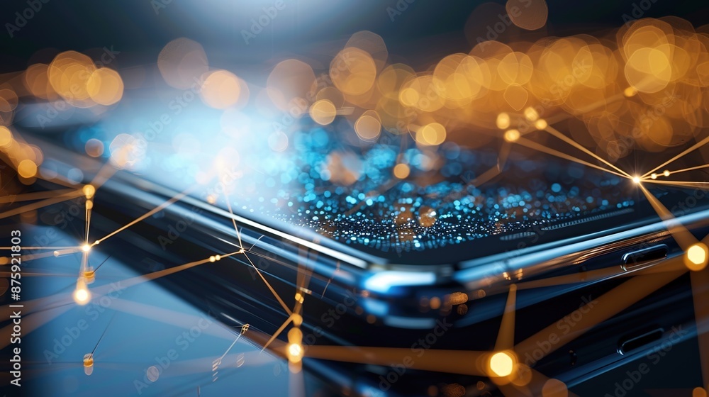 Poster digital connectivity - close-up of smartphone with abstract digital lines background.