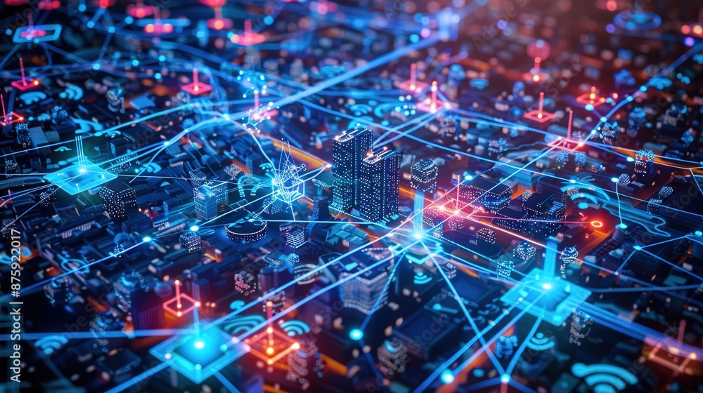 Aufkleber futuristic iot network connectivity - abstract digital visualization of modern smart devices interco