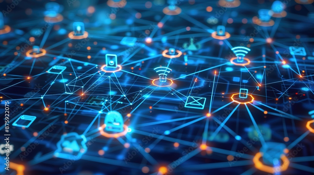 Poster futuristic digital mesh of interconnected iot devices and wireless signals on neutral background