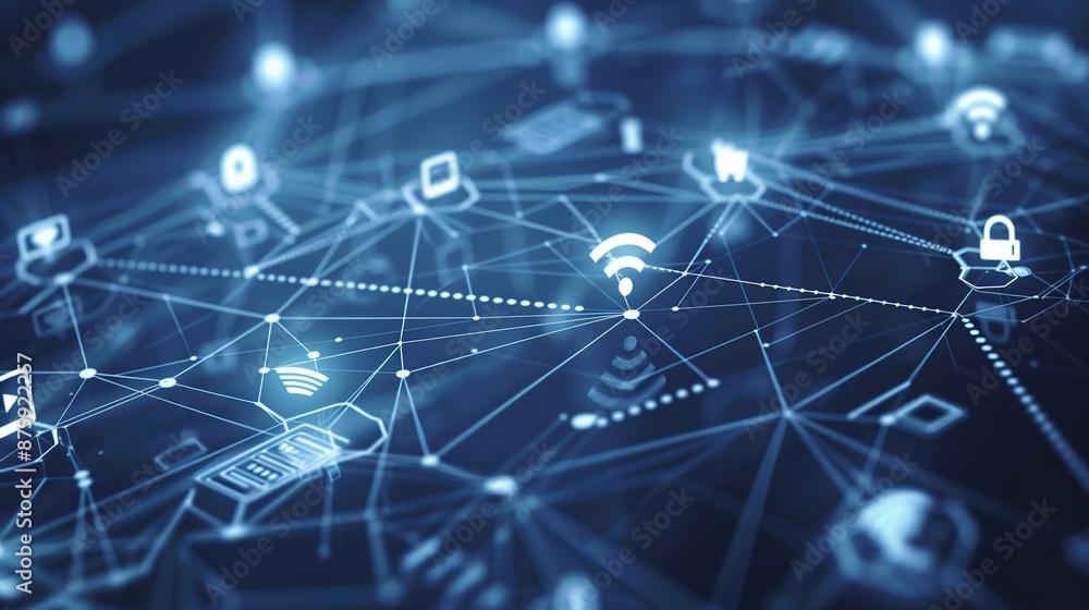 Poster connected iot devices network with wireless connections on neutral background