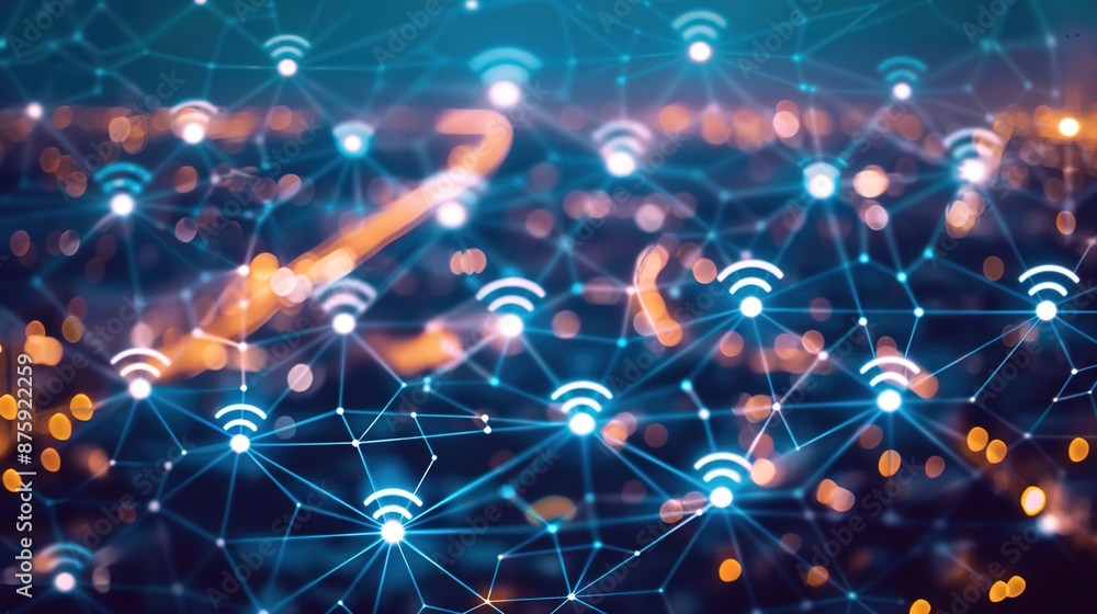 Poster technological network of iot devices and wireless connections on neutral background