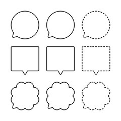 Speak bubble text element vector. Balloon doodle style of thinking sign illustration. Basic flat chatting box, message box outline symbol. Circle, rectangle, cloud, dashed line.